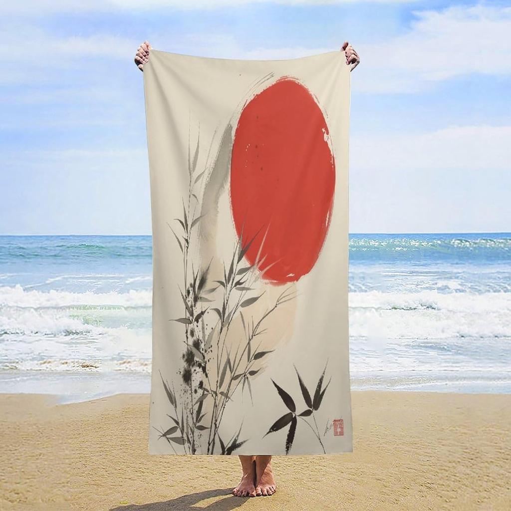 Japanese Style Ink Painting Plant Leaves and Sun Beach Towel Traditional Japanese Ink Painting Personalized Beach Towels Sand