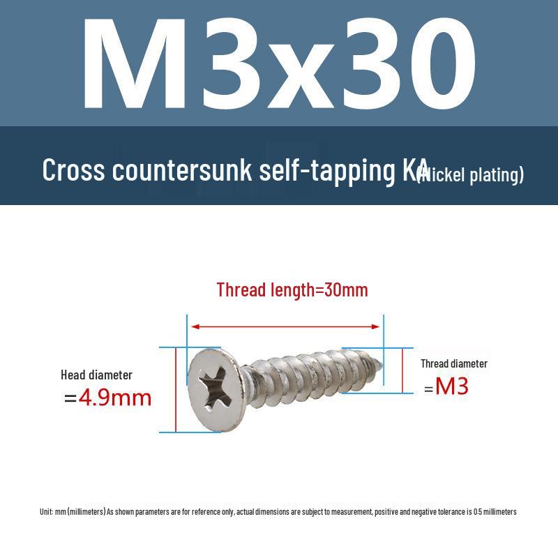 YiguYigu Nickel-Plated Phillips Flat Head Self-Tapping Screws M1-M5, Carbon Steel