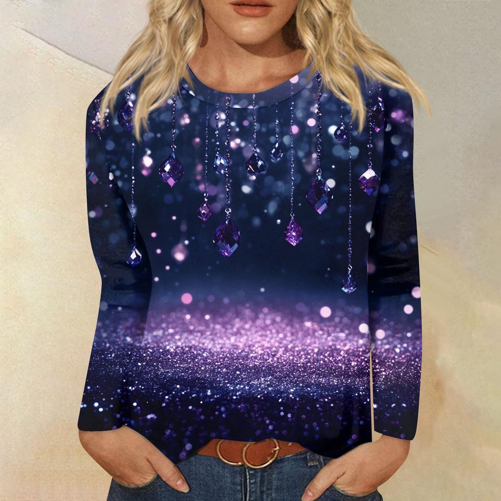 Women's Fashion Casual Long Sleeve  Print Round Neck Top