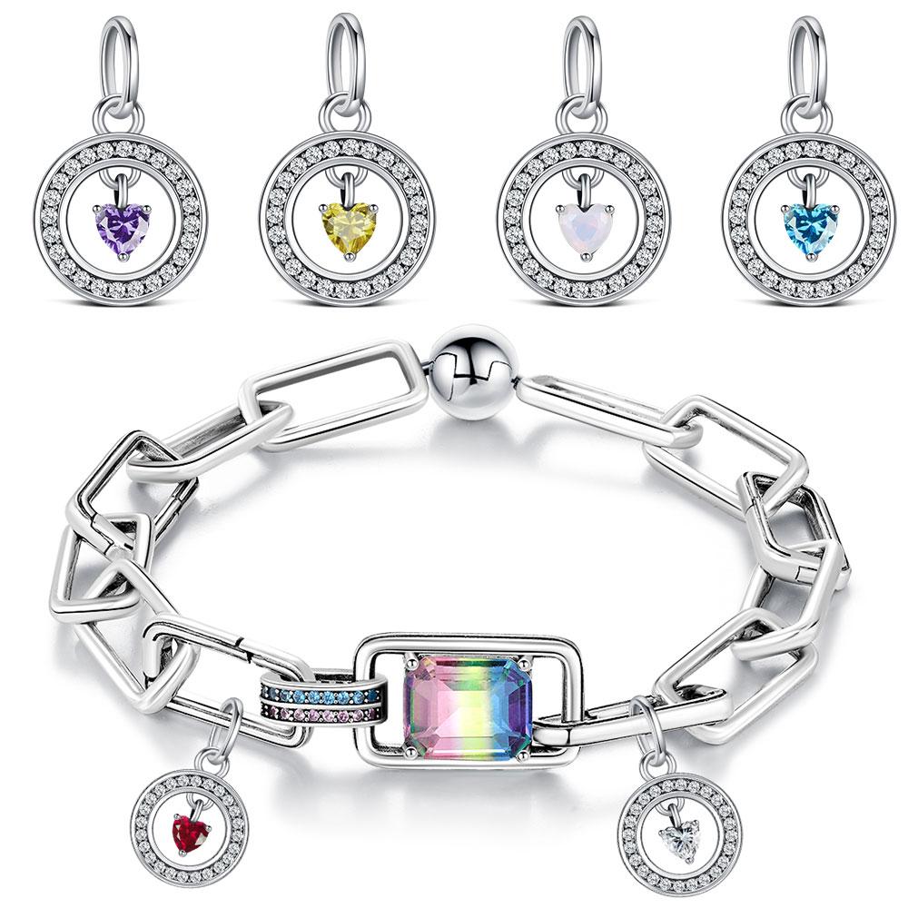 S925 Silver Lucky Month Birth stone Charm Fit Bracelets Diy For Women Pendant Colorful 12 Month Charm