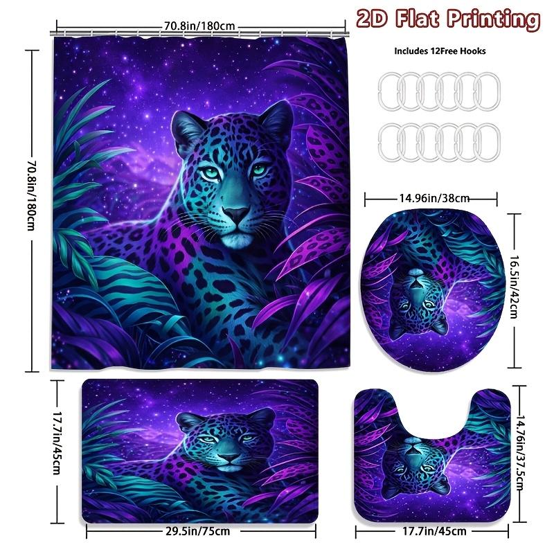 4Pcs Jungle Leopard Shower Curtain Set with Non-Slip Bath Mat, Toilet Lid Cover, Contour Rug & 12 Hooks, Bathroom Decor