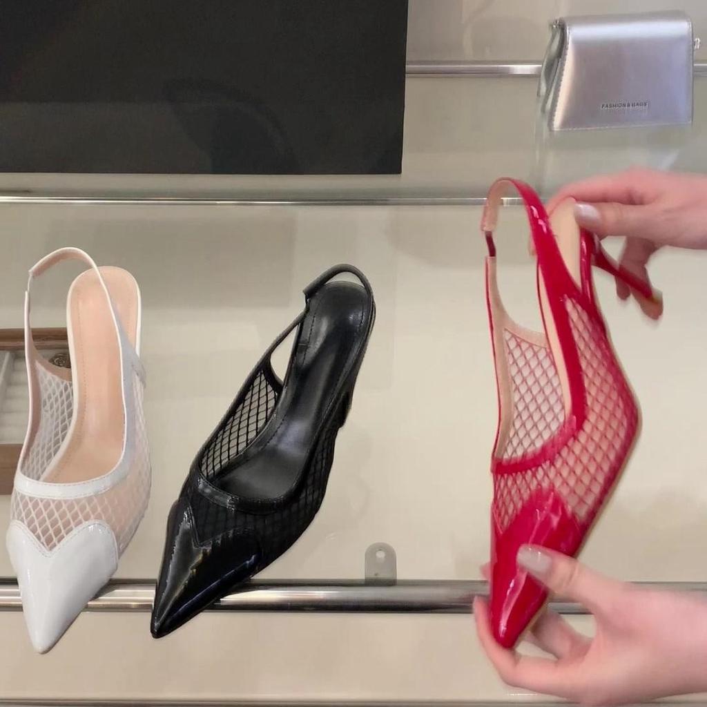 Recommended pointed mesh stitching patent leather high-heeled bag head sandals women's thin heel back strap shoes