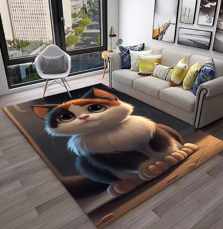 Living Room Rug Oil Painting Style Orange Cat Healing Carpet Non-Slip Soft Easy Clean Cat Lover Personalized Home Decor Mat