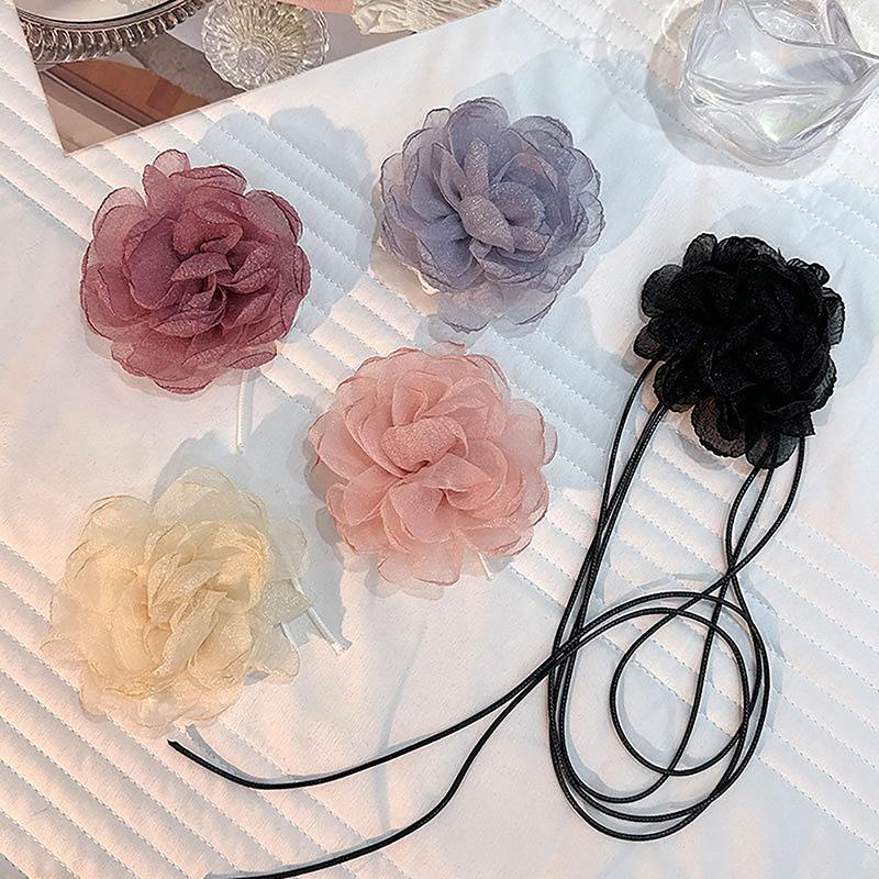 Fluffy Fabric Lace Flower Choker Necklace For Women Trendy Elegant Long Lace-Up Rope Chains On Collar Jewelry