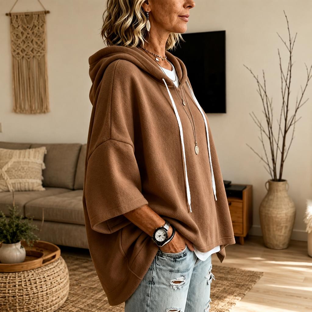 Women's Hooded Sleeve T-Shirt with Drawstring and Three-Quarter Sleeves