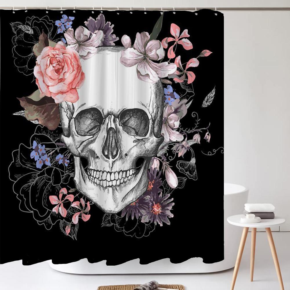 Black Skull Skeleton Printed Shower Curtain Set Horrible Halloween Festival Bathroom Decor Pedestal Rug Lid Carpet Toilet Cover