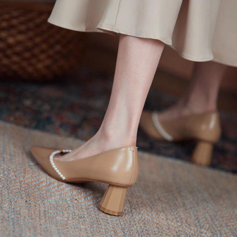 Shoes for Women 2024 Pearl Ladies Summer Footwear Bride Mary Jane with Heel Japanese Style Lolita Pointed Toe Gothic Lastest 39