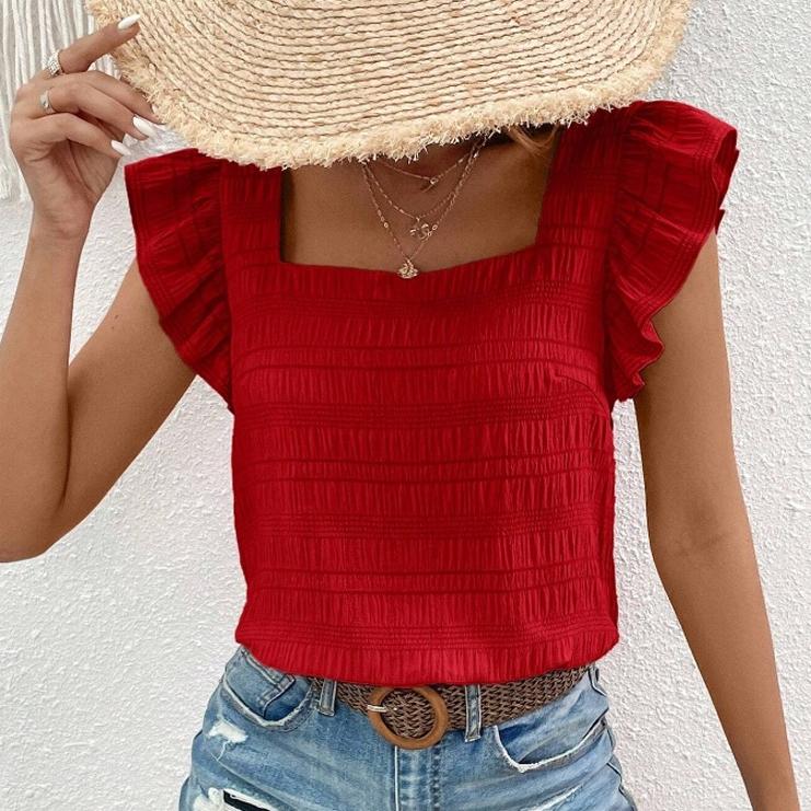 Damen T-Shirt Sommer Casual Kurzarm Frühling und Sommer Neu Eckiger Kragen Rüschenhemd Top