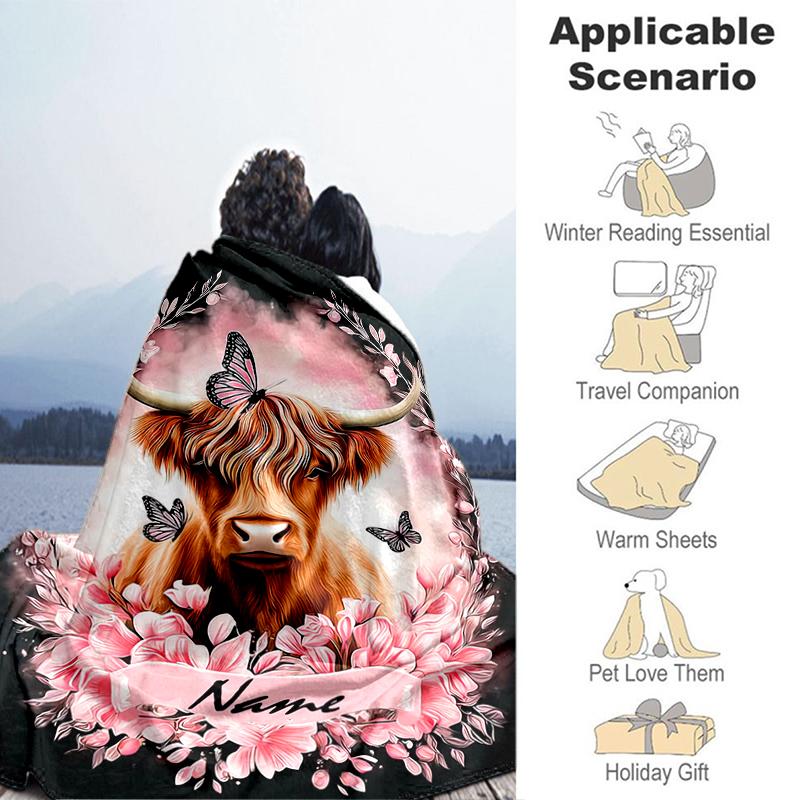 1PC Custom Name Highland Cow Butterflies Flannel blankets Patterns Throw Blanket All-Season Soft Gift for Couch, Bed, Camping gifts