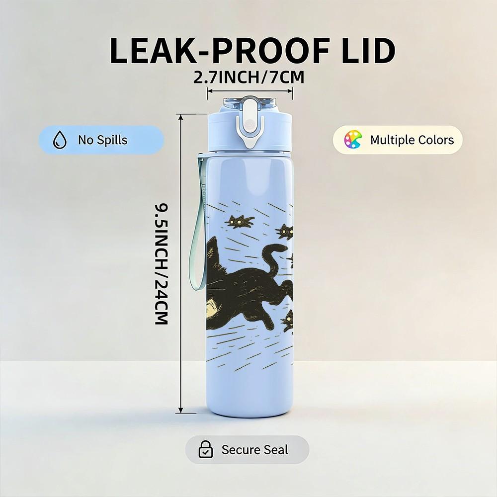 1PC Black Cat Flying Butterfly Layout 750ml Color Plastic Sports Water Bottle Leakproof Flip Straw Lid For Sports Office Home Use