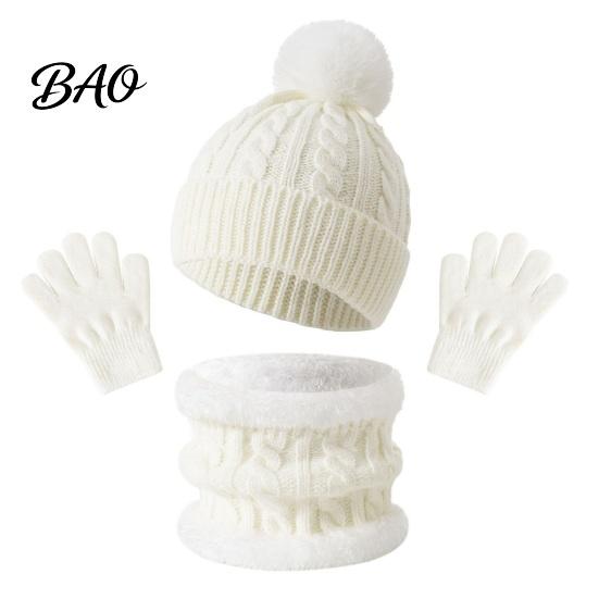 Outdoor Skiing Cold Protection Set Kids Winter Warm Knit Set, Bear Ear Hat, Fleece Lined Neck Gaiter & School Wear for Little Full Finger Gloves,