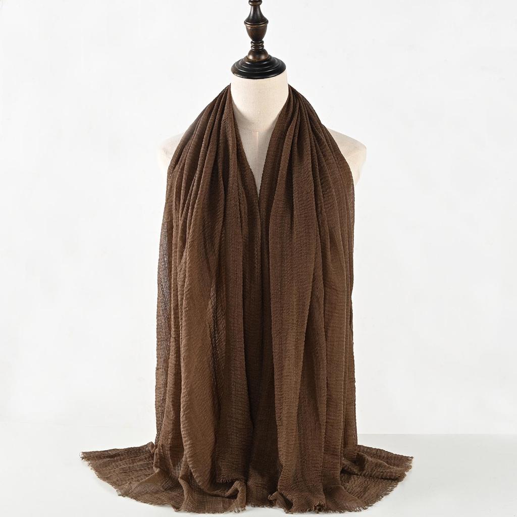 Sciarpa in Misto Cotone e Lino Stropicciato con Frange - Colore Unito, 90x180cm, Foulard da Donna