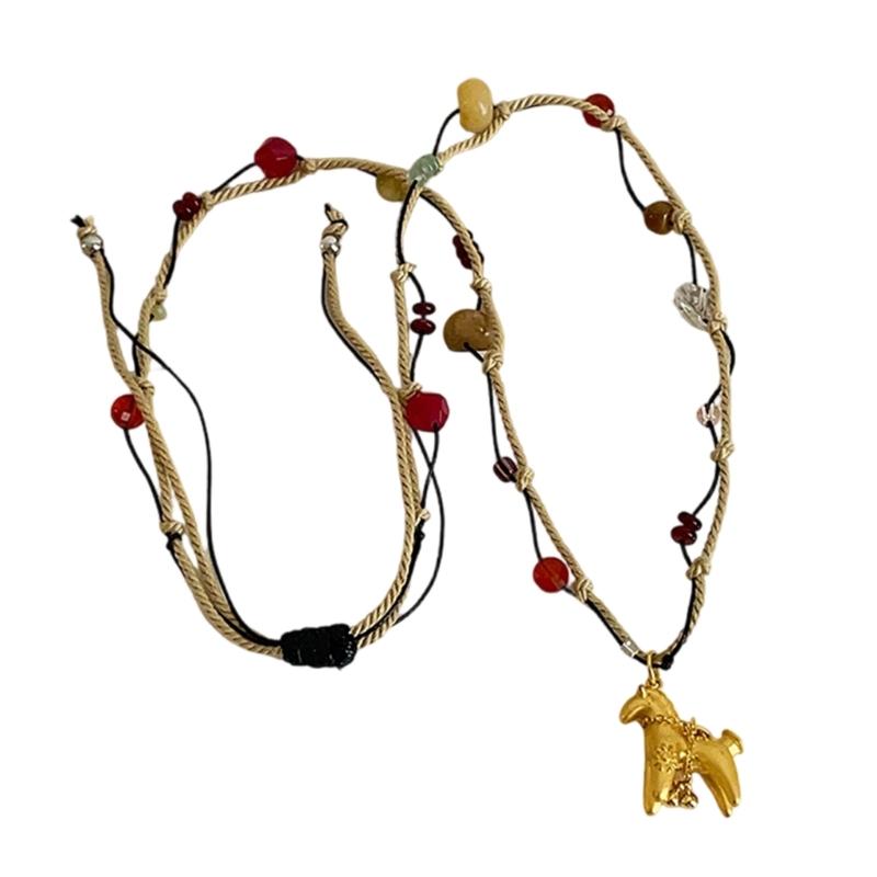 

Fashionable Double Layer Metallic Horse Pendant Necklace on Braided Rope for Women Sweater Chains and Gift Occasion золотий