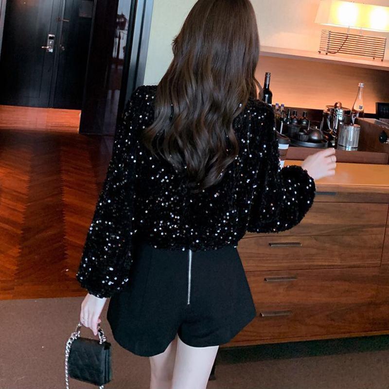 Women's Fashion Elegant Sequins T-shirts Autumn Winter Casual O-Neck Black Loose Pullover Long Sleeve Tops