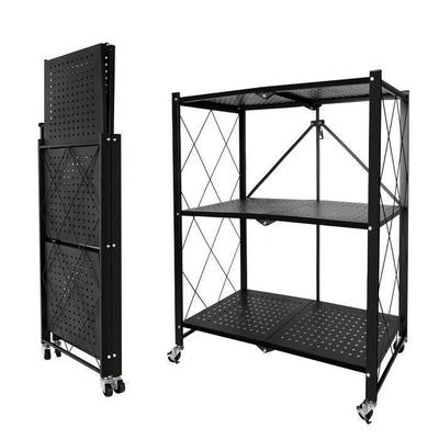 Foldable Storage Unit - Black Metal - 3 Shelves - 4 Lockable Castors - Compact Design