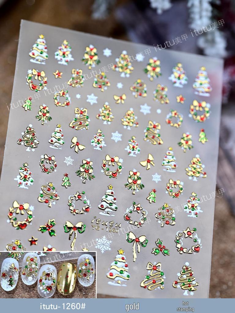 Itutu Christmas Nail Stickers: Colorful Trees, Wreaths, Snowflakes & Bows. Self-Adhesive, Hot Stamping Design for Festive Fingertips.