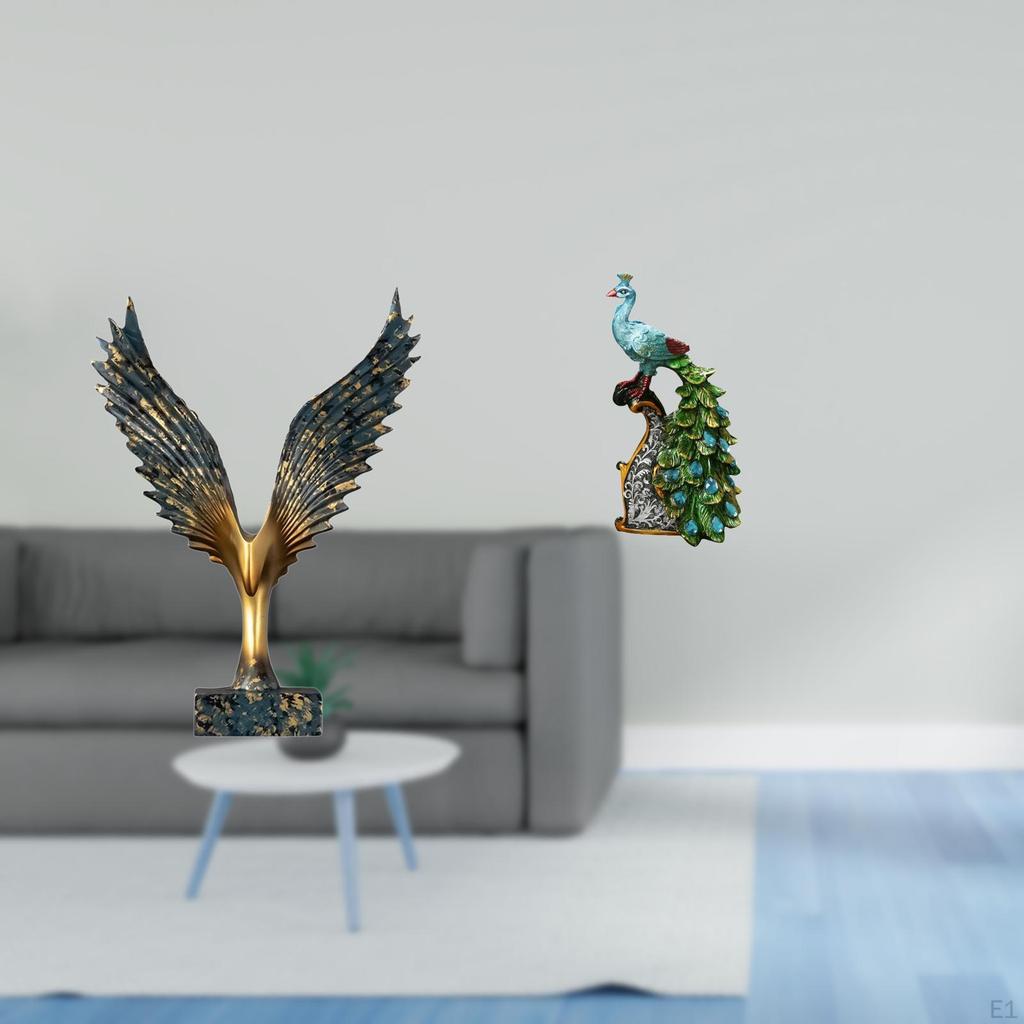 Elegant Resin Peacock Wing Sculpture Feng Shui Animal Ornament Decorative Tabletop Statue for