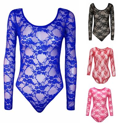 Womens Long Sleeve Lace Floral Bodysuit Stretch Ladies Leotard Body Top