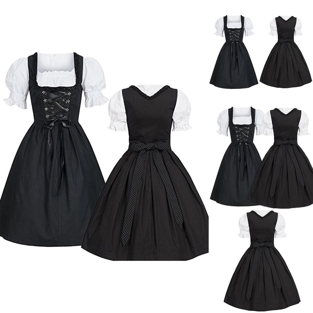 Vintage Bavarian Dirndl Costume With Elastic Waist And Bubble Sleeves For Festive Occasions