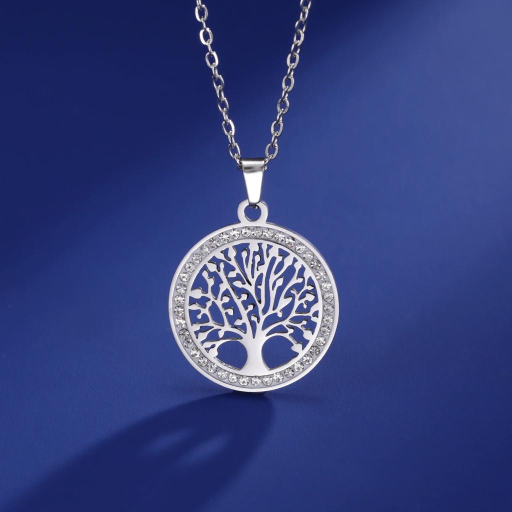 Stainless Steel Tree of Life Pendant Necklace for Women Hollow Life Tree Necklace With AAA Zircon Border, Adjustable Chain Jewelry Gift