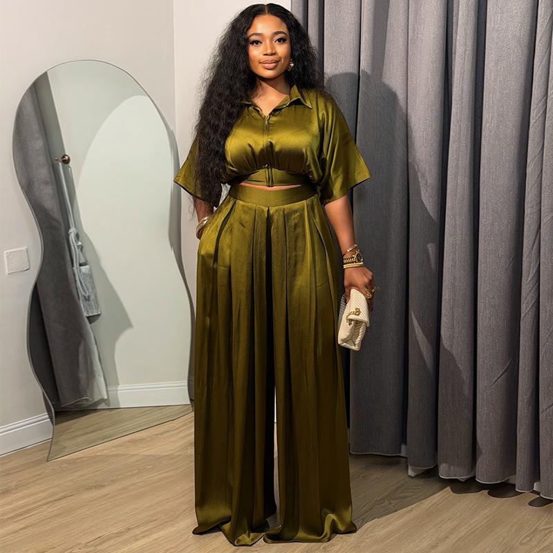 Women s 2026 Spring New Fashion Casual Lapel Slim Short Top and Wide-Leg Pants Draped Suit S зелёный