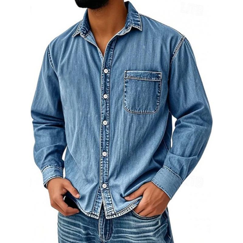 Nuova Camicia di Jeans da Uomo con Collo a Lapel Primavera Workwear Americano Retro Top Versatile