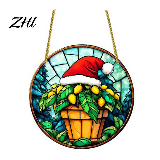 Acrylic Santa Claus Pendants Stained Glass Style Christmas Hanging Pendant, Plants Ornaments with Lanyard Double Sided Printed Xmas for Tree