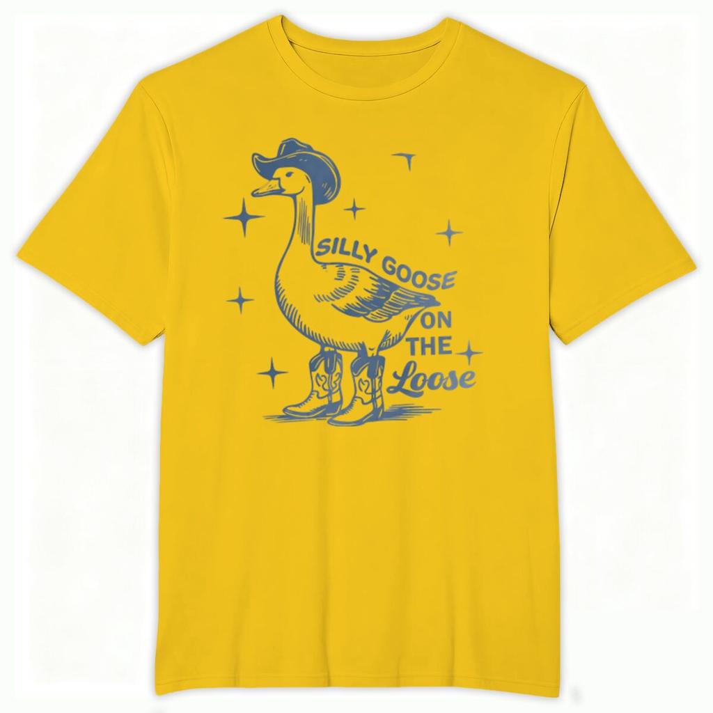 Funny Western Goose Printed Tshirt Silly Goose On The Loose Print Tshirt Crew Neck Animal Cowboy Goose Graphic T Shirt