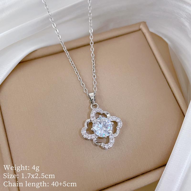 Titanium Steel, Sky Four-Leaf Flower Light Luxury Temperament Gorgeous Full Diamond Necklace Female Versatile Collarbone Chain Titanium Steel Chain