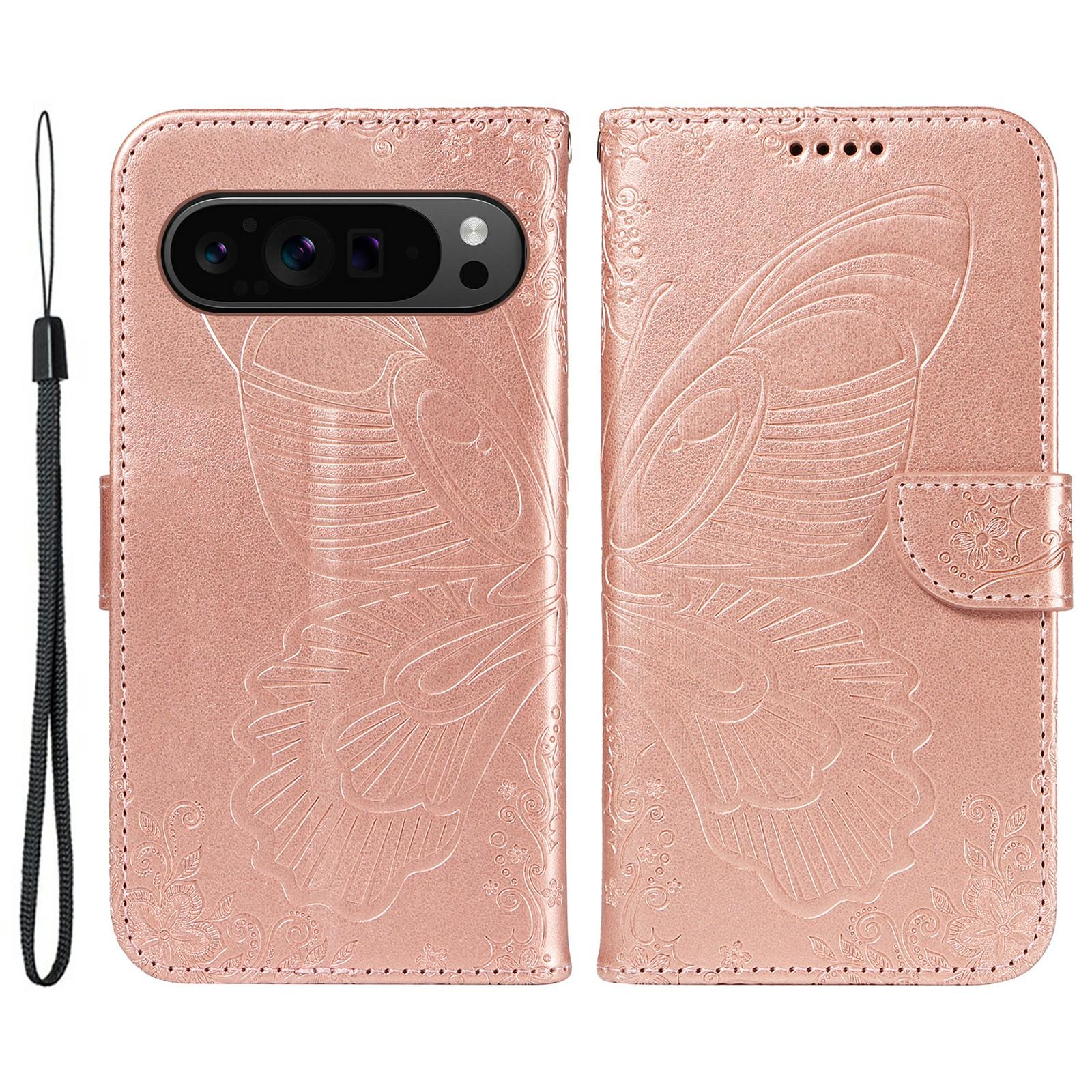 

For Google Pixel 9 Pro/Pixel 9 Case Flip Stand PU Leather Phone Cover Swallowtail Butterfly Rose Gold