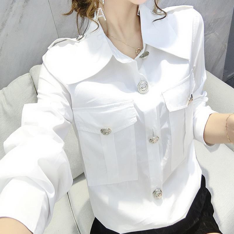 

Весна Осень Рубашка с отложным воротником Женская одежда Повседневная Карманы Сшивная Стильная Однотонная Однобортная Базовая Блузка XXL белый