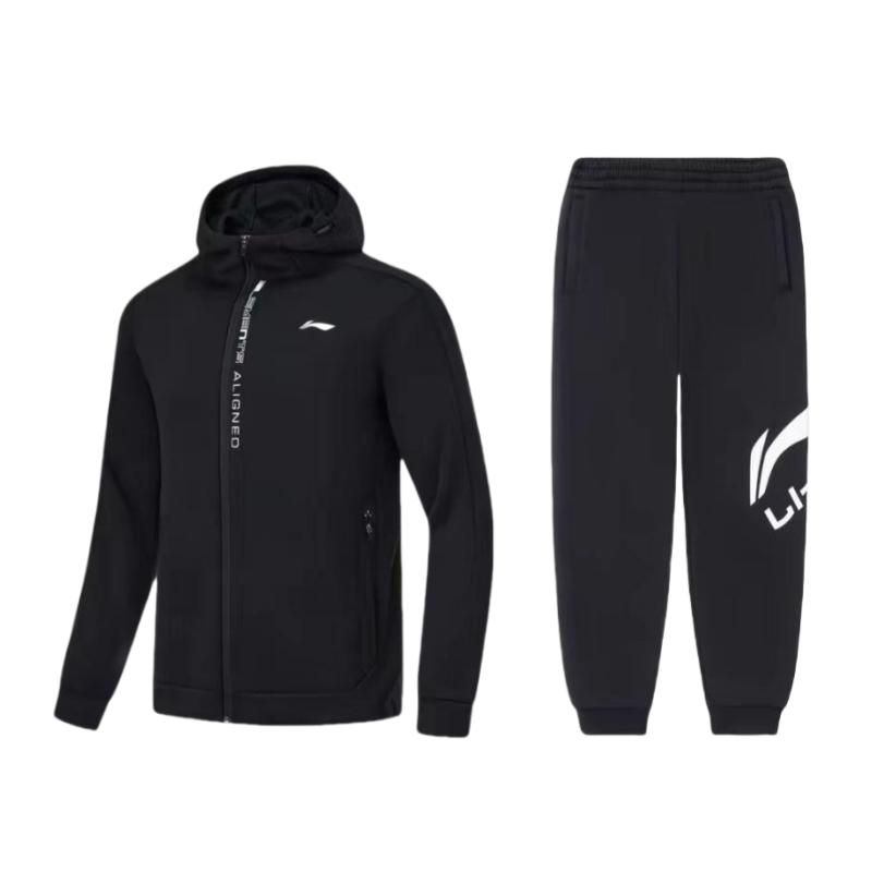 

Li-Ning Свитшот с капюшоном, простой, с принтом букв, для фитнеса на открытом воздухе, высокоэластичный, на манжетах, из флиса, толстые вязаные брюки, повседневный спортивный костюм AWDU067-1+AKLSG51-3 L