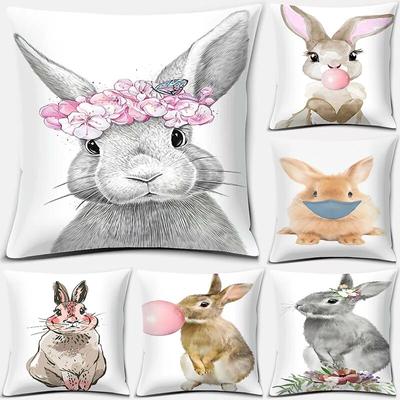 Niedlicher Kissenbezug mit Kaninchen-Muster, quadratisch, für Zuhause und Büro