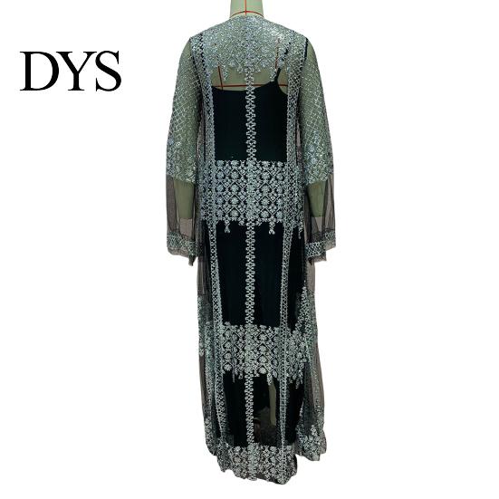Shiny Bronzing Gown 2 Pcs/Set Women Evening Dress Big Swing Bronzed Cardigan Slip Wedding Guest Attire Set See-through Mesh Long Sleeve Coat Cocktail