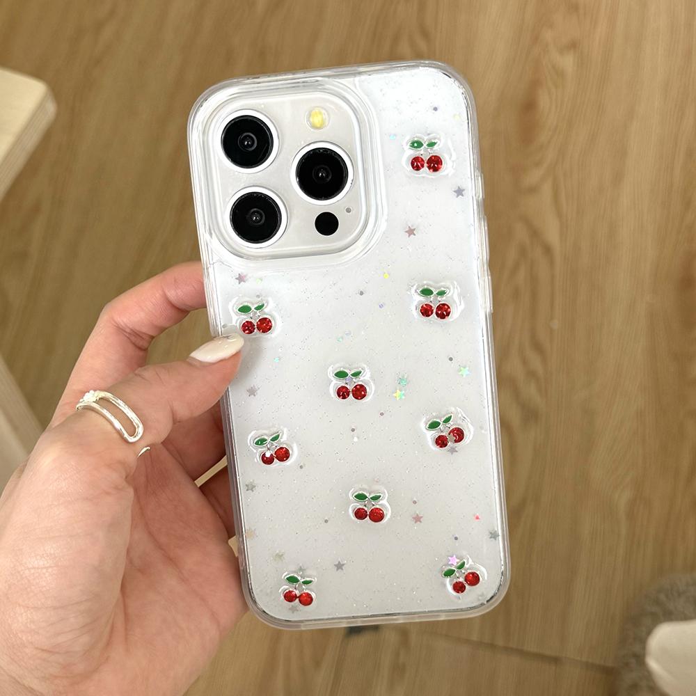 Schattige 3D Kersen Pailletten Telefoonhoesje Voor iPhone 17 Air 16 15 14 13 12 11 Pro Max Transparante Schokbestendige Zachte Siliconen Cover