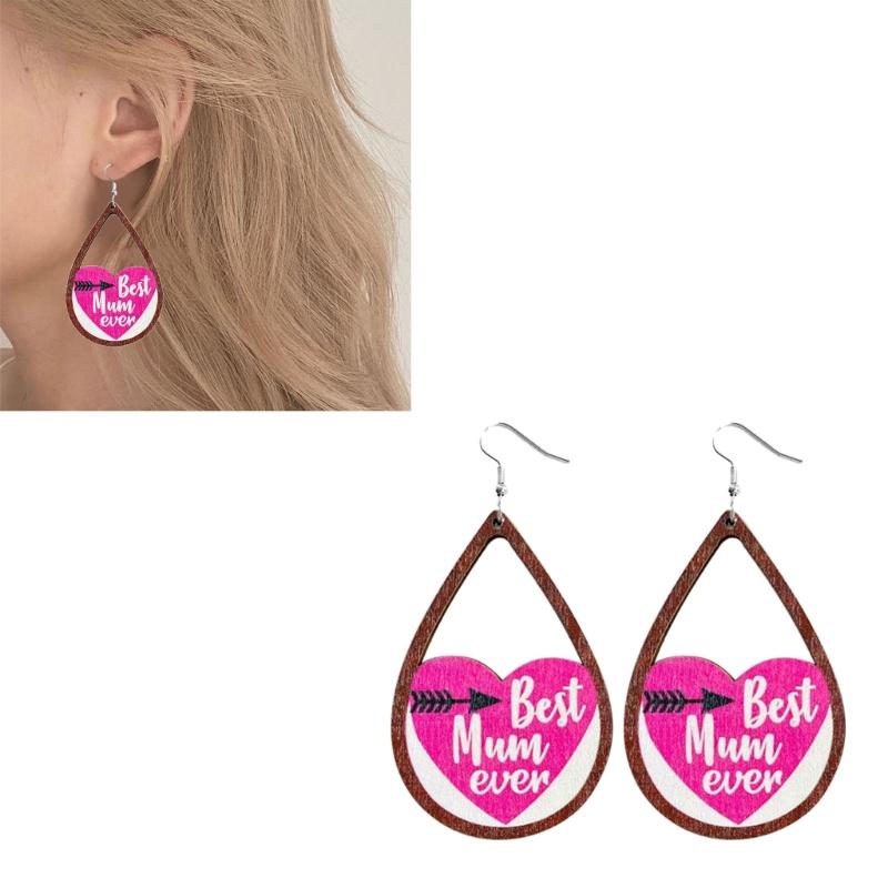 1 Pair 2023 Cut Wooden MOM I LOVE YOU Teardrop Heart Wood Dangle Earrings for Mom Mother Day Gift Novel Wood Jewelry