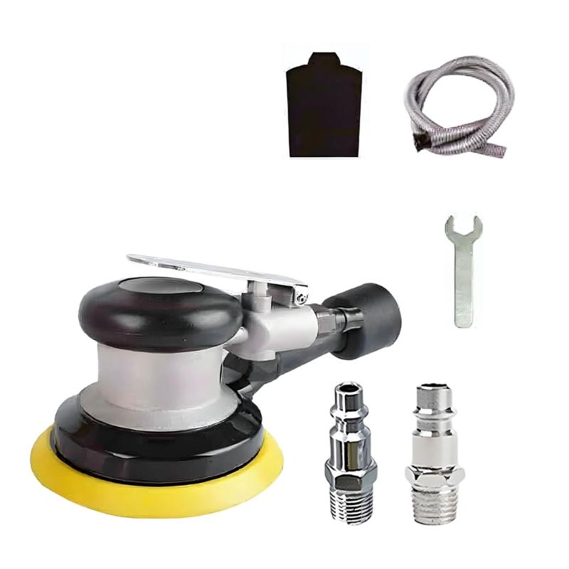 Air Powered 5 Inch Sander with Dust Collection Outlet, Metal Body Sanding Tool for Furniture Refinishing, Garage Sanding, and Finish Work