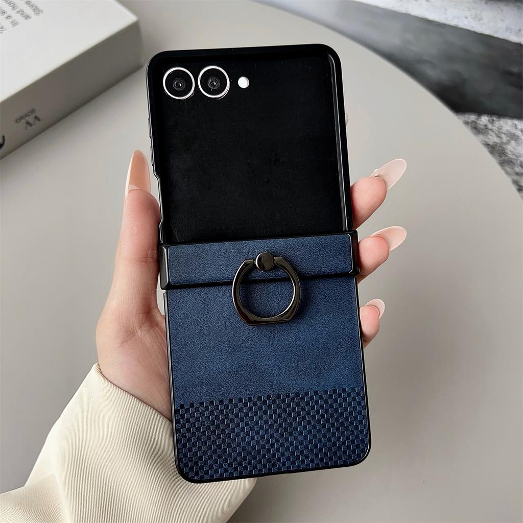 Leather Ring Holder Phone Case for Samsung Galaxy Z Flip 3 4 5 6 7 5G ZFlip7 FE ZFlip6 Hinge Protective Shockproof Cover