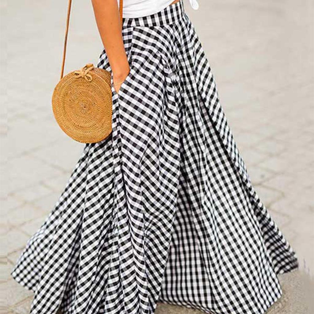 2024 Spring/Summer Elegant High-Waist Plaid Midi Skirt with Big Swing
