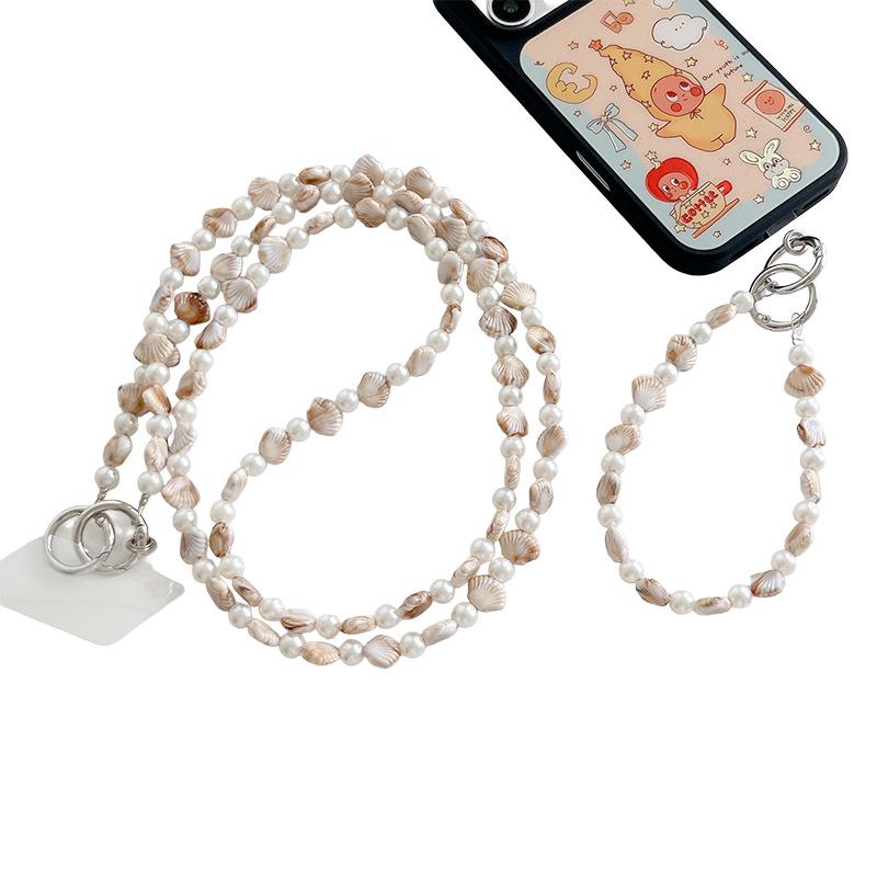 Bronze Shell Phone Case with Crossbody, Shoulder Chain, Wrist Lanyard & Pearl Pendant.