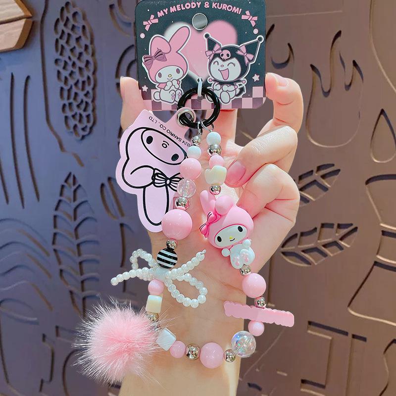 Japan Sanrio Kuromi My Melody Beaded Mobile Phone Chain Cartoon Keychain Bag Pendant Decoration Gift for Girls