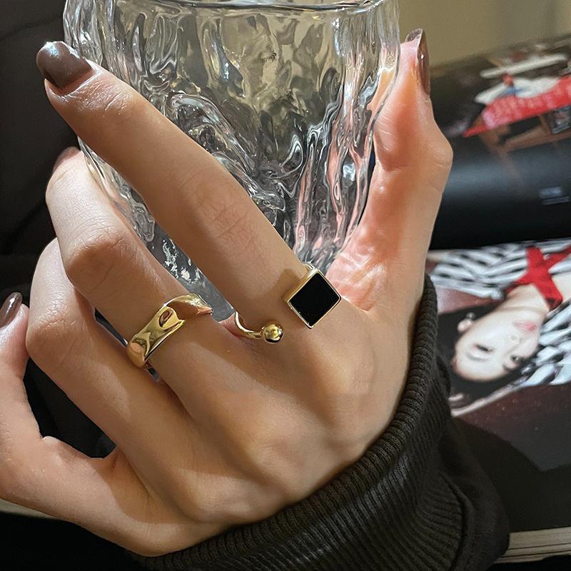 Women's Black Drip Glaze Geometric Ring, Gold Wide Edge, Adjustable Open Design, Hip Hop Style