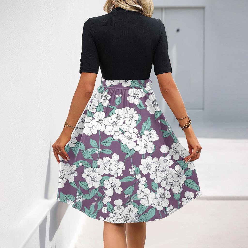 Women's Fashion Casual Belt Short Sleeve Round Neck Floral Elegant Temperament Dress