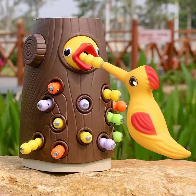 Montessori Baby Wooden Toys Magnetic Woodpecker Catching Worms Feeding Fishing Game Set Educational Toys for Kids Birthday Gifts