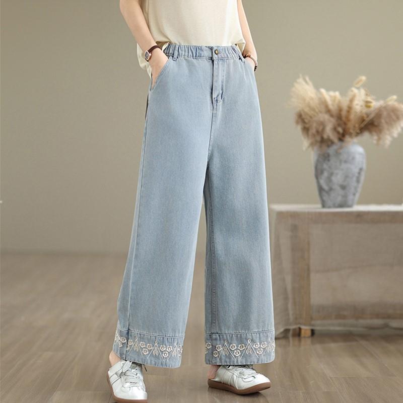 plus size Vintage embroidery floral high waist casual loose Women summer autumn spring jeans denim Straight Pants