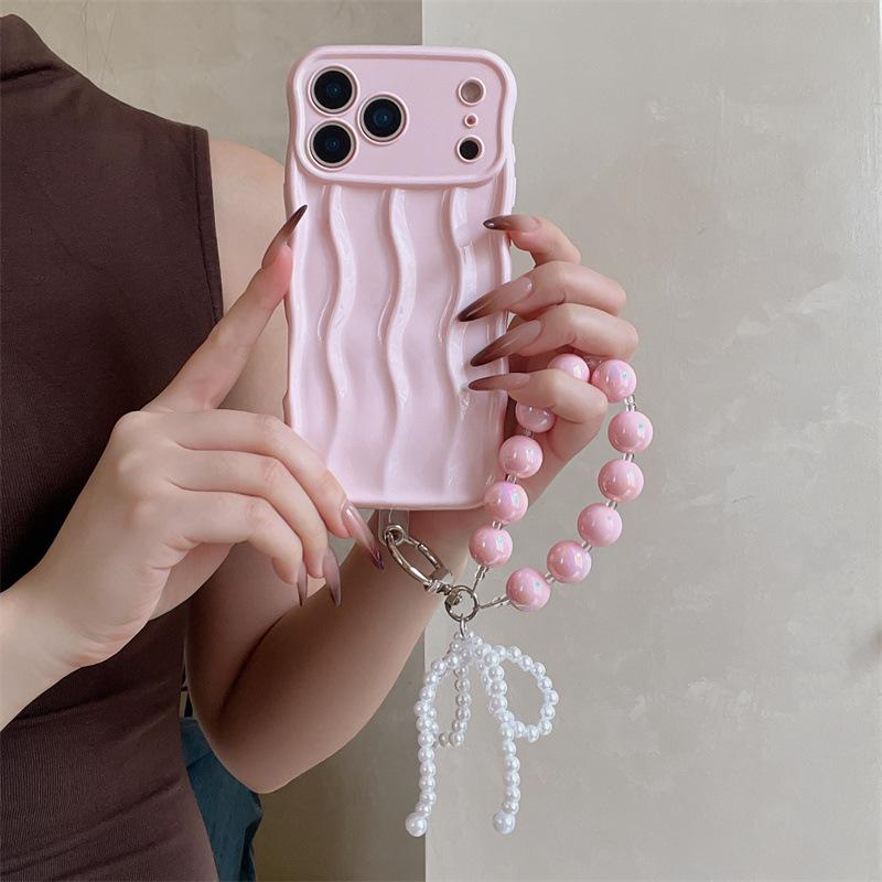3D Wave Pattern Soft Shell Phone Case with Bracelet for iPhone 17 Pro Max/Apple 16 Solid Color