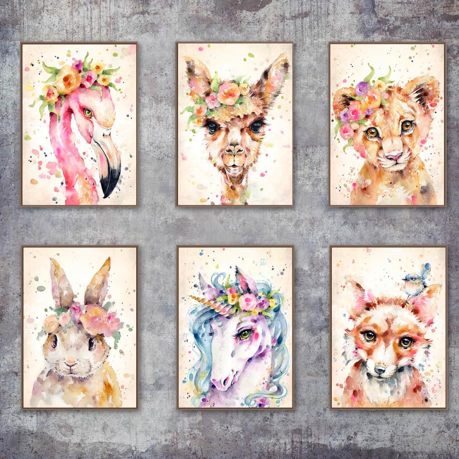 Canvas Pictures Home Decor Painting Wall Art Rabbit Fox Flamingo Prints Creative Watercolor Nordic Poster Modular Living Room No Frame