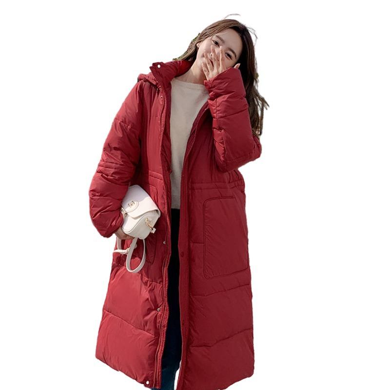 Mittellange knielange Daunenjacke für Damen im Herbst und Winter, verdickter, lockerer Mantel mit Kapuze und langen Ärmeln