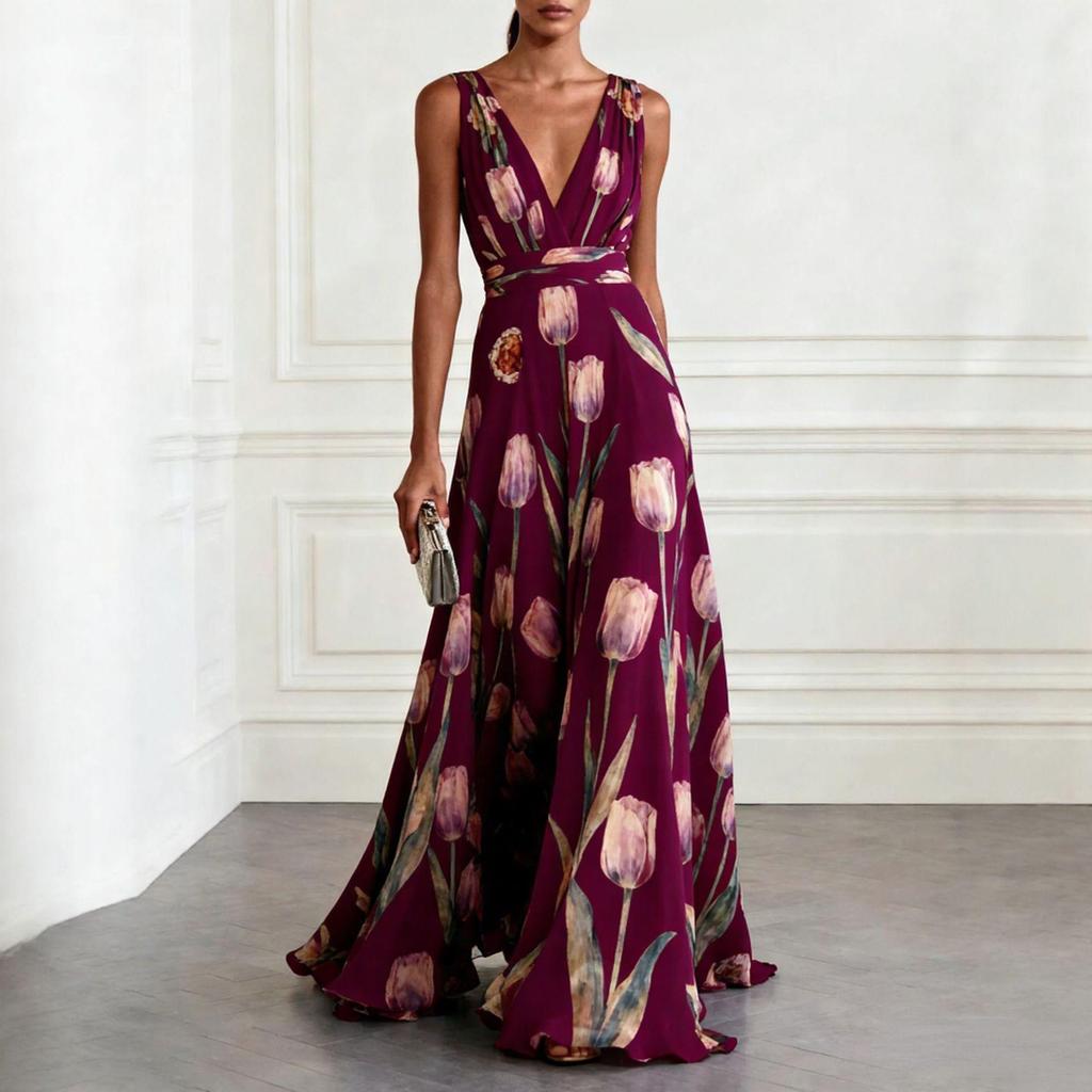 2026 Tulip Print Sleeveless V-Neck Long Evening Dress for Women