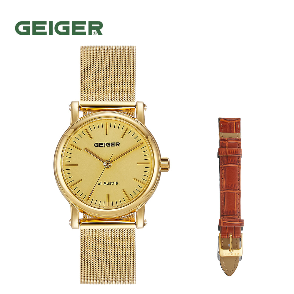 

Часы Geiger GE1222GDL Gold Женские с сетчатым ремешком 24 мм (Кожаный ремешок Дополнительный подарок)